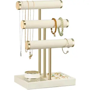 3 Tier Bracelet Holder Display - Detachable T Bar Beige Velvet Bracelet Holder, Jewelry Holder Organizer for Bracelet, Necklace, Watches, Rings