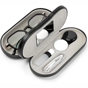 2 in 1 Contact Lens Case & Glasses Case with Built-in Mirror Portable Travel Kit Includes Tweezer Remover Solution Bottle Durable Leather