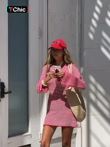 WOMEN'S Y2K RED AND WHITE STRIPED KNITTED DRESS, Fitted, ADOPTING OPENWORK KNITTING TECHNIQUE, THE FABRIC IS BREATHABLE AND LIGHTWEIGHT, EASILY CREATING DAILY STREET-WEAR OR VACATION-STYLE OUTFITS, SUITABLE FOR Spring AND WARM SEASONS.