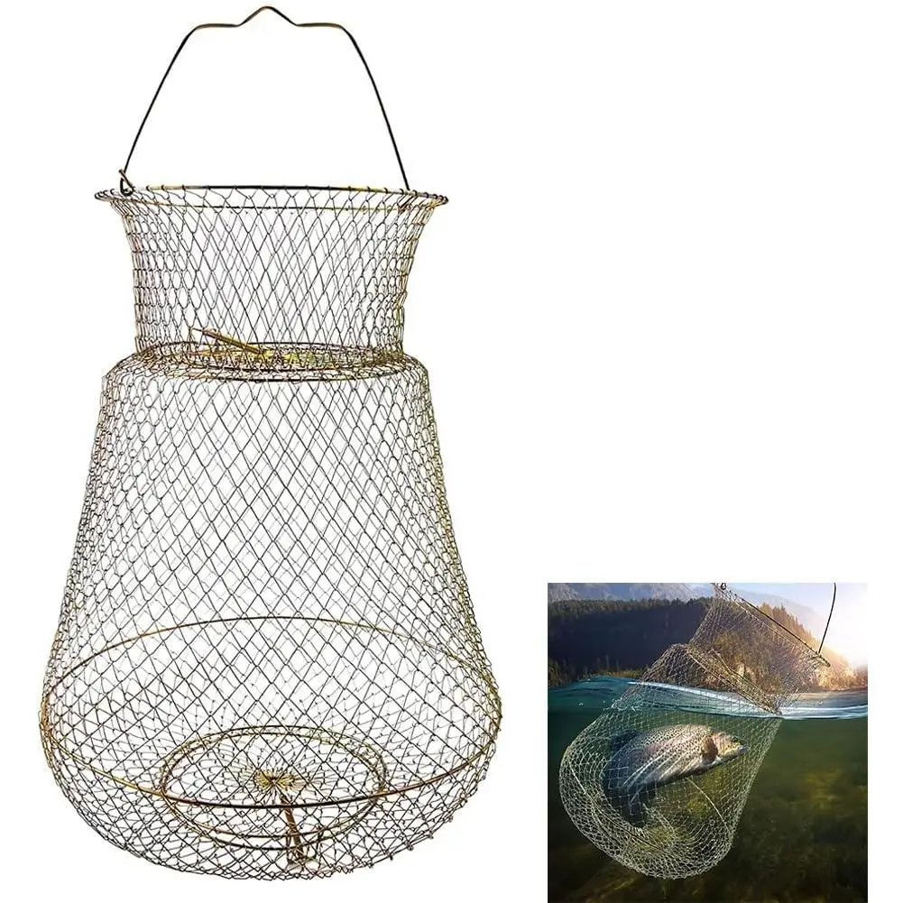 Galvanized Steel Fish Basket, Collapsible Metal Wire Livewell Cage for Anglers, Durable, Rustproof & Burr-Free with Dual Spring Traps, Fishing Basket, Keeps Fish Alive, Portable Carry, Beautiful Design, Convenient For Fishing