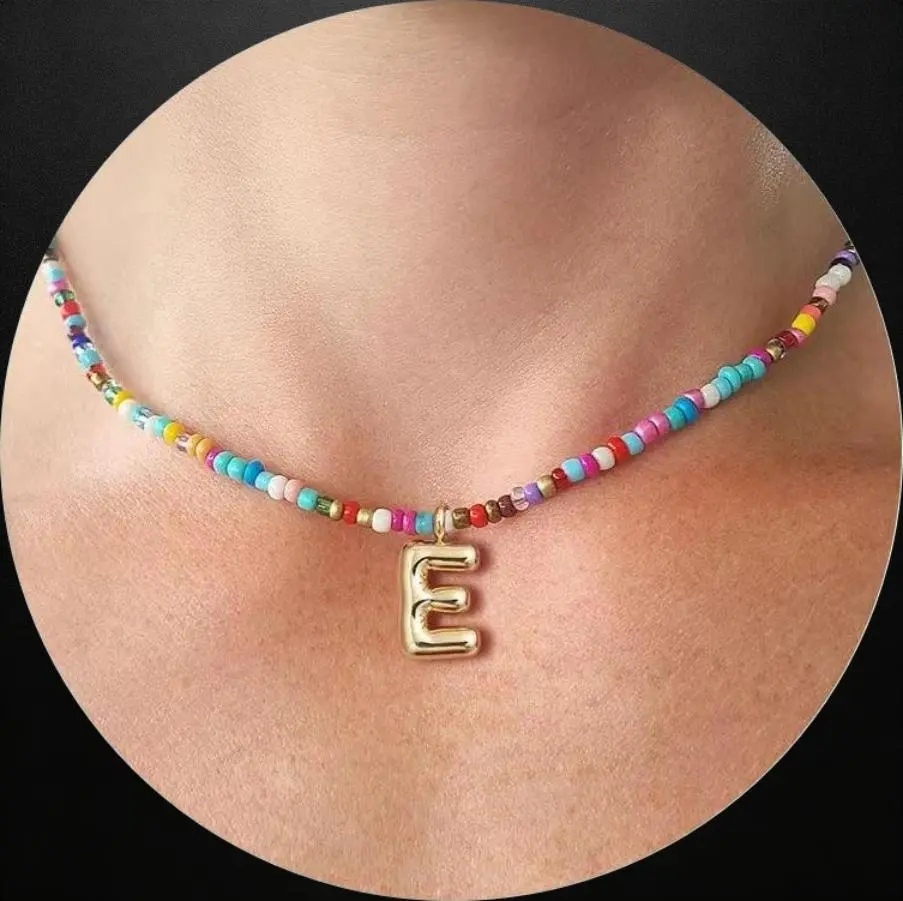 Women's Bohemian Initial Letter Necklace - Gold-Plated Pendant, Multicolor Initial Letter Beads, Adjustable Beads Mix Necklaces, Personalized Jewelry for Gifting, Beach Style Costume Accessory