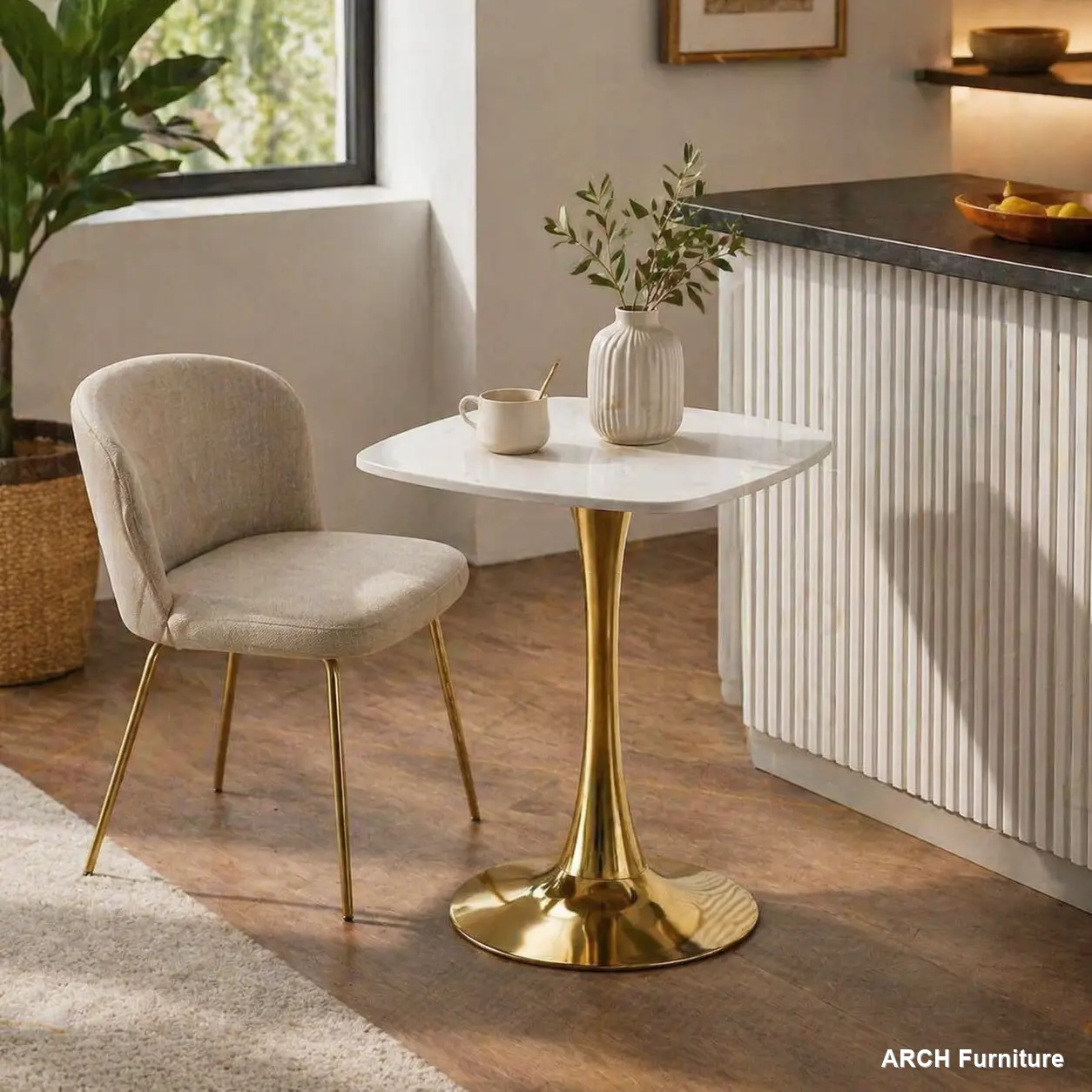 24-In Square MDF Top Modern Tulip Dining Table - Sturdy Golden Metal Pedestal Base, Easy Setup, 4-Seat All-Metal Pedestal Table for Small Spaces, Indoor Furniture (White & Gold), 4-Seat Pedestal Tables, All-Metal Pedestal Tables