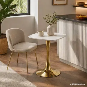 24 In Square MDF Top Tulip Modern Dining Table, Compact Simple Small Indoor Furniture Table with Sturdy Golden Metal Pedestal Base, Easy Setup, for 2-4 Persons, Ideal for Small Spaces & Apartments (White & Gold)