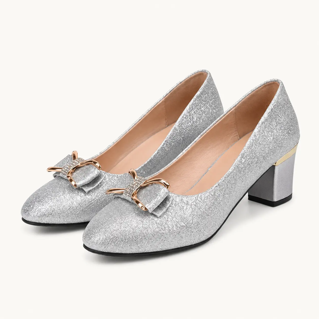 GeeYea women’s Silver Glitter Block Heel Shoes, Closed Round Toe High Heels with Bow & Gold-Tone Accent, PU Upper, PU Lining & PVC Sole, Elegant Office, Party, Wedding Guest & Date Night Shoes