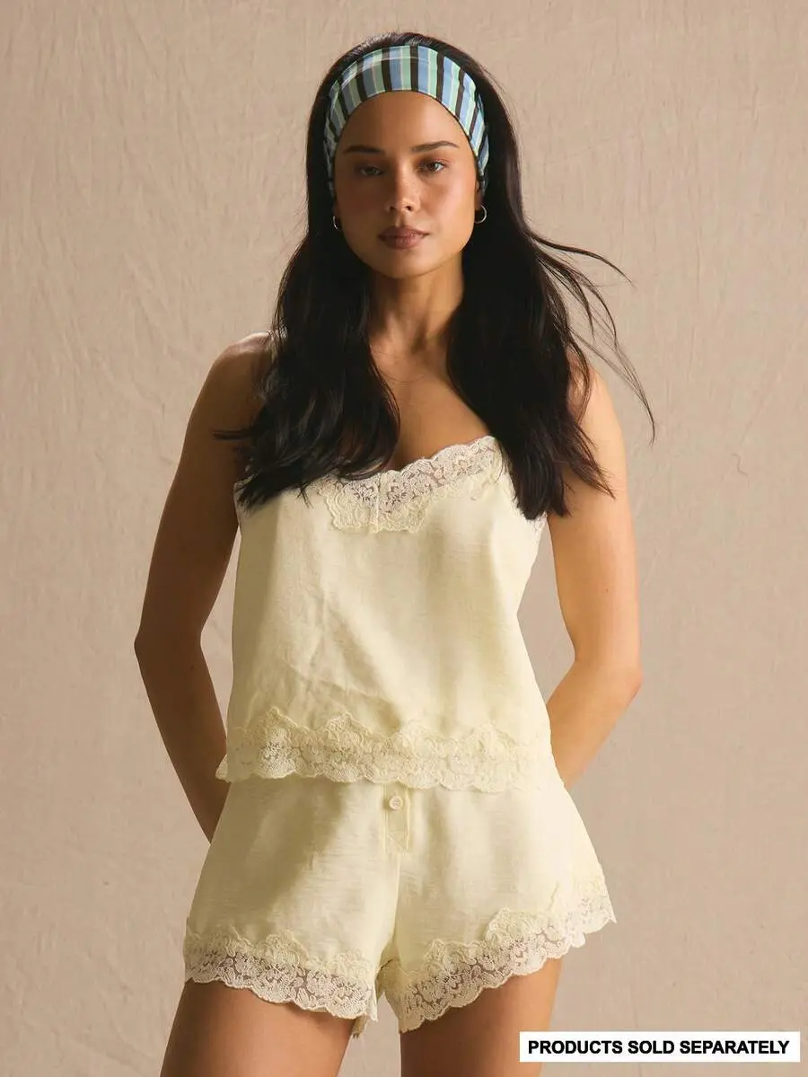 SHARPEN Lace Hem Thin Strap Linen Flowy Co-Ord Top Only Spring Summer Cosy Cute Daily Girly Vacation Sunlight Social Holiday Casual Elegant