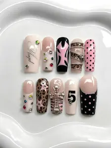 Cross Leopard Press On Nails: Coquette Rhinestones Nails, Star Accent & Y2K Gothic Details