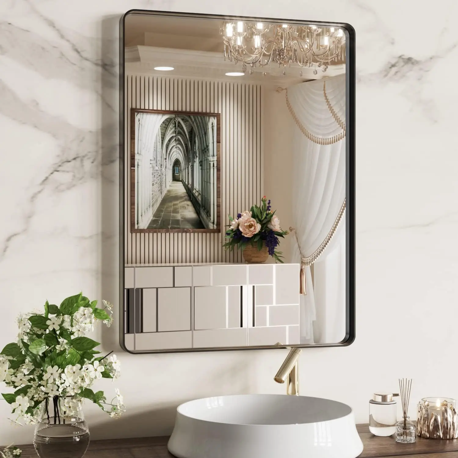 Versatile 22x30 Inch Black Metal Wall Mirror - Farmhouse Vanity Rectangle, Rust-Resistant, Safety Tempered Glass, Horizontal or Vertical Mount
