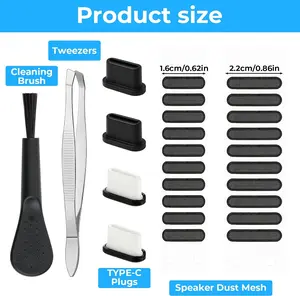4 Pack USB-C Dust Plug & Port Cover – Phone Speaker Covers, Dustproof Net Stickers, Charging Port Cleaner with Tweezers & Brush for All USB-C Devices