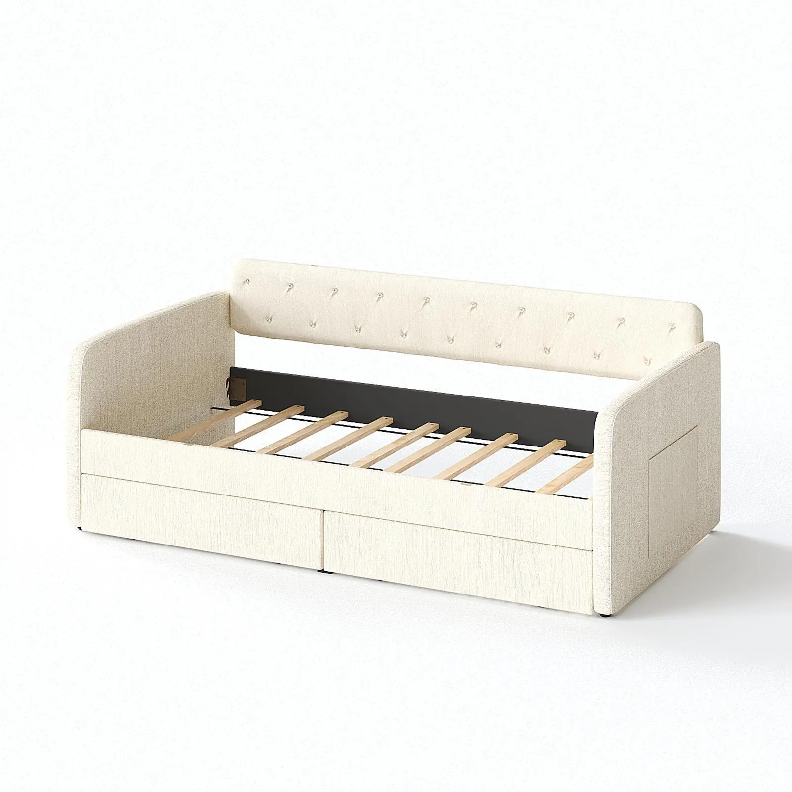 Full Size Upholstered Trundle Bed with Pull-Out Twin Trundle Frame, Sturdy Daybed with Button Tufted Back, Wave Arms, Sponge Padding, Breathable Fabric, Plush Twin Sleeper for Bedroom, Guest Room Instant Extra Bed, Twin Size