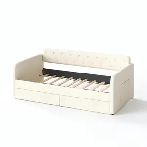 Full Size Upholstered Daybed with Twin Size Trundle, Day Bed Frame w/Button Tufted Back and Wave Shape Arm for Bedroom, Guest Room,Apartment
