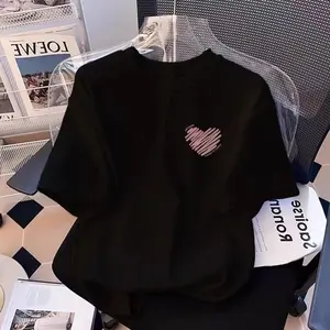 Kemeja-T Lengan Pendek Putih Berbentuk Hati Wanita 2026 Reka Bentuk Ringkas Baharu Kemeja-T Longgar Cetakan Penuh Poliester Fesyen Santai