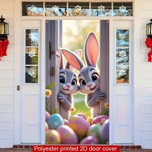 Easter Theme Door Cover Featuring Rabbits & Colorful Eggs, Durable Polyester Material, Home Kitchen Wall Window Decoration, Party Decoration