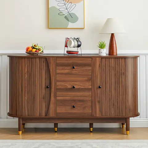 FurSch Mid-Century Modern Fluted Sideboard Buffet, Oval Curved Edge Storage Cabinet with Drawers, Stylish Storage Solution for Living or Dining Room