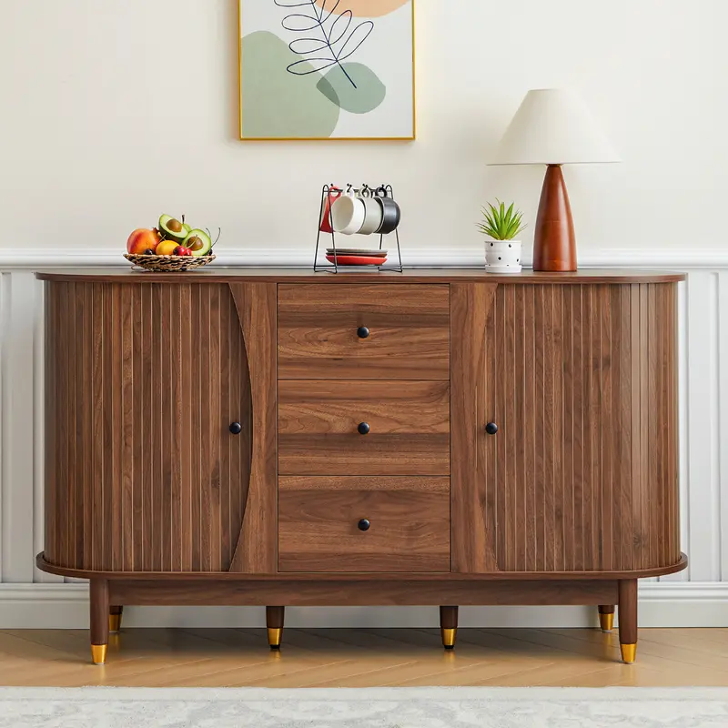 FurSch Mid-Century Modern Fluted Sideboard Buffet, Oval Curved Edge Storage Cabinet with Drawers, Stylish Storage Solution for Living or Dining Room