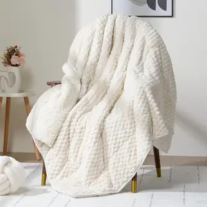 Fleece Weighted Blanket for Adults (60" x 80" 15lbs, Cream White), Dual Sided Cozy Soft Sherpa Heavy Blanket with 3D Imitation Turtle Shell Warm Jacquard Flannel for Couch and Bed