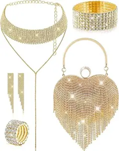 5 PCS Rhinestone Clutch Purses Jewelry Set for Women Heart Shape Tassel Evening Clutch Bag