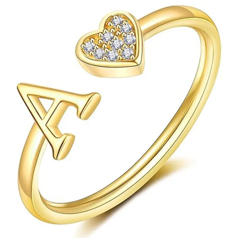 Women's Gold-Plated Heart Initial Ring - Adjustable Stackable Small Rings for Women, Anniversary Gifts for Her, Jewelry Gifts