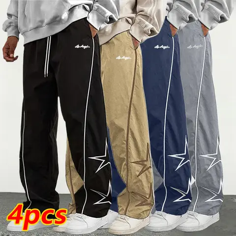 Men's Wide Woven Polyester Baggy Pants - Men's Clothing, All-Season Trendy, Loose Tapered Cuff, Star-Pattern Embroidered, Comfortable Activewear for Athletic Casual Use