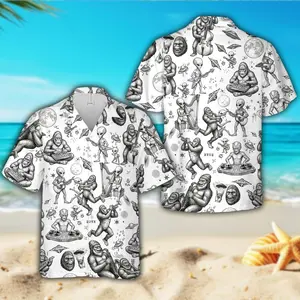 Bigfoot Alien Hawaiian Shirt, Sasquatch Music Band UFO Button Up Shirt, Black & White Vintage Sketch Shirt, Tropical Weirdcore Aloha Shirt