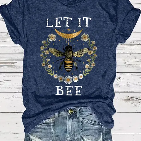 Women's Summer Casual Lady Floral Print Bee T-Shirt, Graphic Casual Top, Round Neck Short Sleeve Top, Comfortable Breathable Fashion Tee, S-Xxl Sizes Available, Womenswear