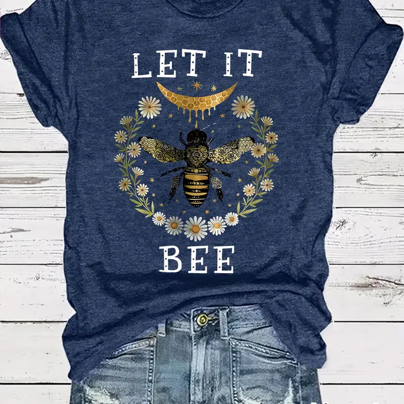 Women's Summer Casual Lady Floral Print Bee T-Shirt, Graphic Casual Top, Round Neck Short Sleeve Top, Comfortable Breathable Fashion Tee, S-Xxl Sizes Available, Womenswear