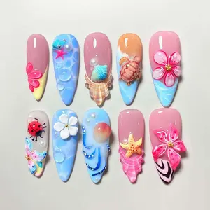 M4 Ocean Floral Press-On Nails, Pastel Blue Pink Base with 3D Seashell Starfish & Flower Accents, Glossy Stiletto Shape, Summer Beach Style, Handmade Press-On Nails