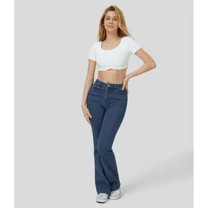 Halara Magic Mid Rise Button Pockets Stretchy Knit Casual Slight Flare Jeans, Bootcut Denim Pants