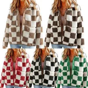 Women’s checkered sherpa jacket — casual long-sleeve lapel button-down coat, warm winter outerwear with pockets, can be worn over a raincoat