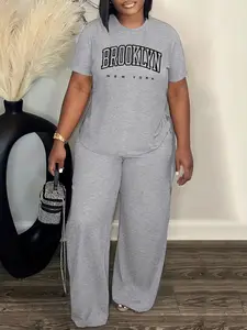 Women's Spring Summer Plus Size Fitted Fashion Letter Print Round Neck Short Sleeve T-Shirt & Wide Leg Pants Two-Piece Set