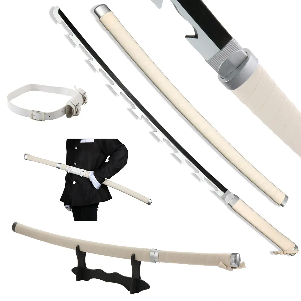 Anime Bamboo Wooden Dull Blade Demon Slayer Sword Cosplay Hashibira Inosuke 41 inches with Belt & Holder Stand Display for Halloween Cosplay Role Playing Collection