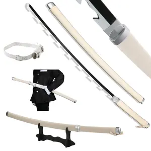 Anime Bamboo Wooden Dull Blade Demon Slayer Sword Cosplay Hashibira Inosuke 41 inches with Belt & Holder Stand Display for Halloween Cosplay Role Playing Collection
