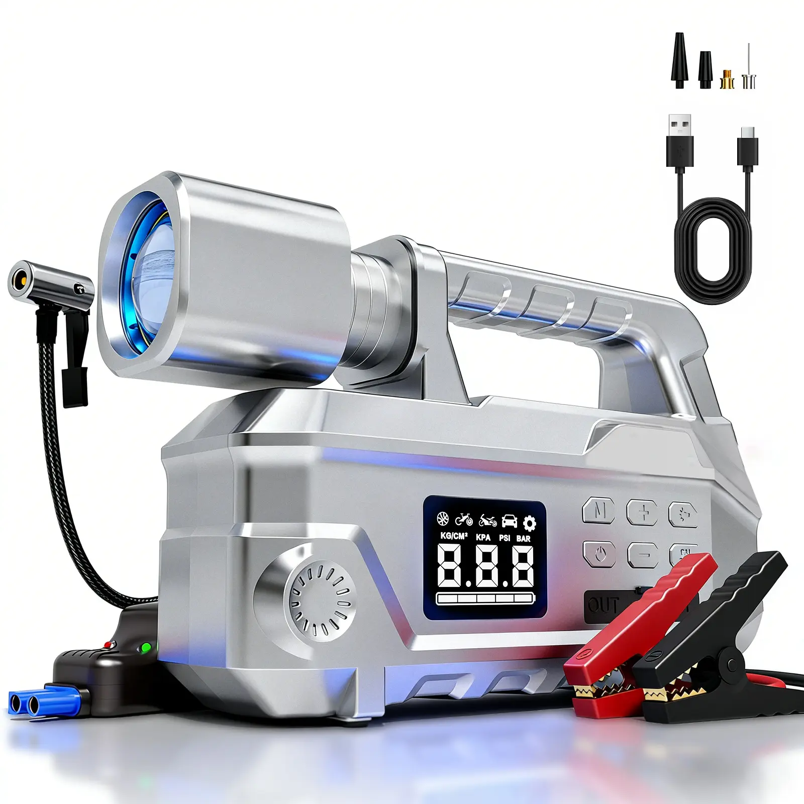 Geeneu 36800mAh 12V Car Jump Starter Auto Accessories - 150PSI Portable Car Tool Kit, Automotive Tool Kit with Air Compressor, 950LM LED Light, Jumper Cables, Auto-Shutoff Tire Inflator (For All Gas/10.0L Diesel)