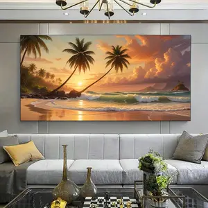 1pc Canvas Painting with Wood Frame - Tropical Beach Sunset Canvas Wall Art - Vibrant Palm Trees and Ocean Scene, Beach Theme Decor, Large Canvas Wall Art for Room, Bedroom, Living Room, Office Decor