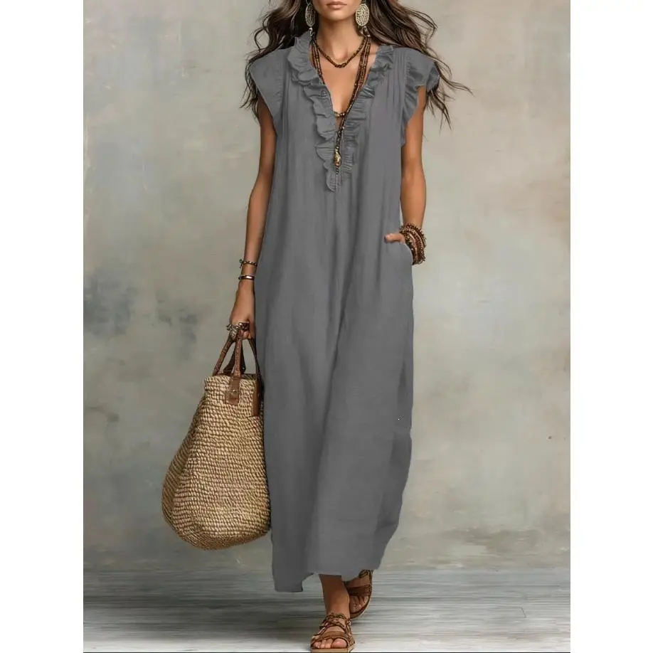 VVZ 2026 Women's Bohemian Ruffle Neck Maxi Dress Casual Sleeveless Loose  Flowy Long Dress for Beach, Vacation & Daily Wear - TikTok Shop