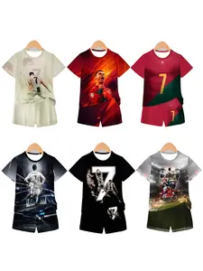 Kids 3D Football Style 6-Piece Set, C Ronaldo All-Over Print Casual T-Shirt Shorts, Fashion Outdoor Sports, Tee Shorts Set, Birthday Gift, Holiday Gift