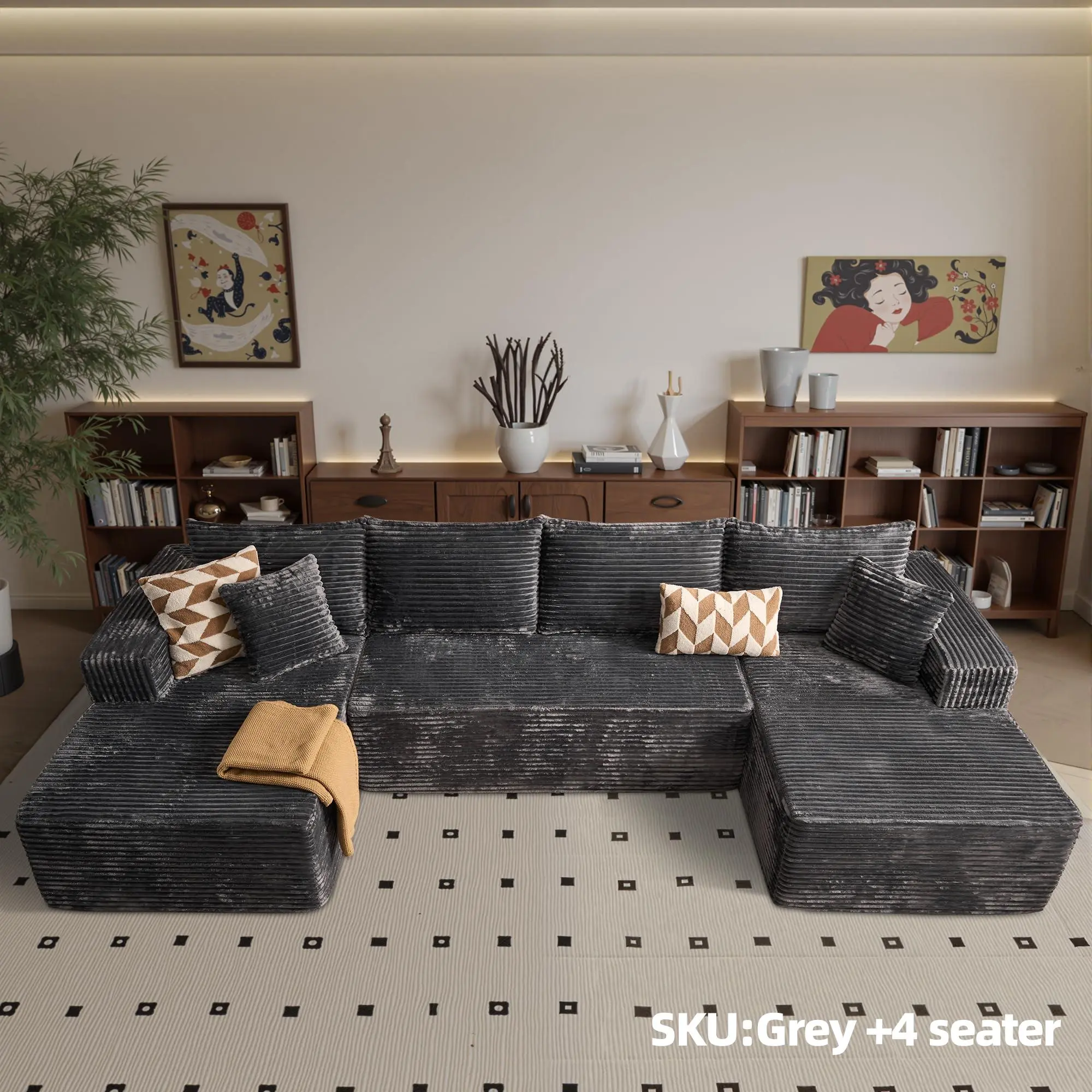 132" U-Shaped Cloud Couch, Plush Corduroy Modular Boneless Sectional with Double Chaise, No-Assembly Deep-Seat Sofa Set (3 Packages Shipping) for Living Room Indoor Furniture
