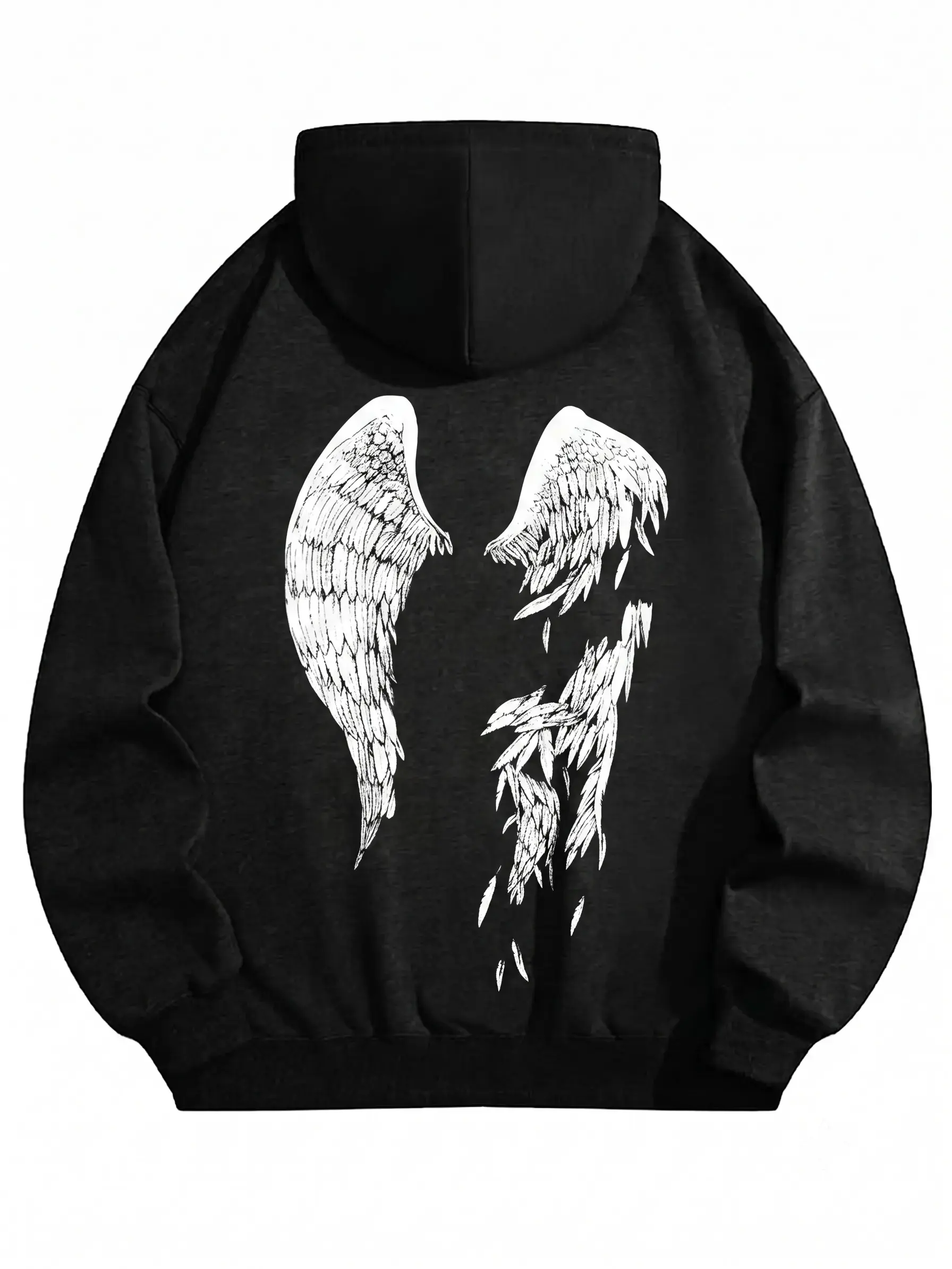 Menswear Men's Wings Print Relaxed-Fit Drop-Shoulder Long-Sleeve Hoodie Pullover, Street Casual Drawstring Pocket Sweatshirt for Daily Wear, Spring & Fall Soft Fabric Tops