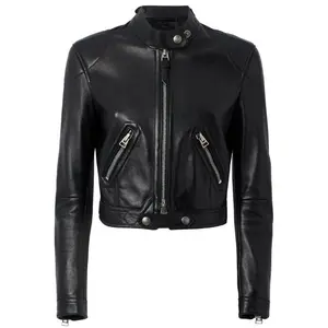 Luxury Black Cropped Leather Biker Jacket
