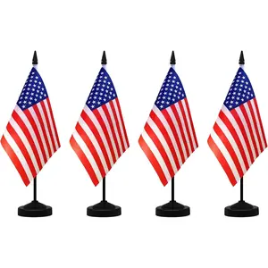 American Desk Flag Set, 8.3 X 5.5 Inch Small American Flags on Stick, Mini American Flag with Stand Base, US Flag Decor for Table, Office, Home, Festival Decoration (2 Pack)