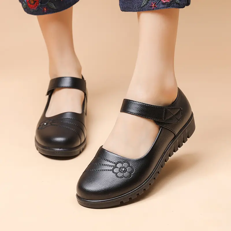 Women's Black Classy Floral Embroidery Work Flats - PU & Faux Leather, Adjustable Hook-and-Loop Strap, Non-Slip Comfort Sole, Stable Flat Platform, Arch Support Walking Shoes, Casual Shoes, Design