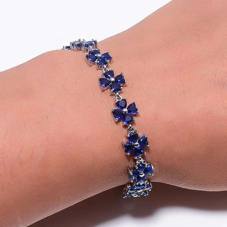 Sterling Silver Royal Blue Floral Tennis Bracelet - Sapphire CZ, Dainty Vintage Style Jewelry for Women