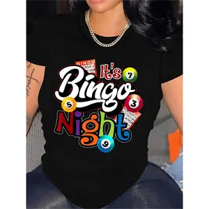 1pc Women'S Bingo Night Graphic Tee, Casual Round Neck Short Sleeve T-Shirt, Geometric Pattern, Regular Length for All Seasons