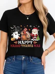 Happy Hallo Thanks Mas Black T-Shirt for Festive Season Summer Personalized Short Sleeve Tee Unisex Breathable Fits All Styles Plus Size Made in USA Cotton Fabric Minimalist Streetwear