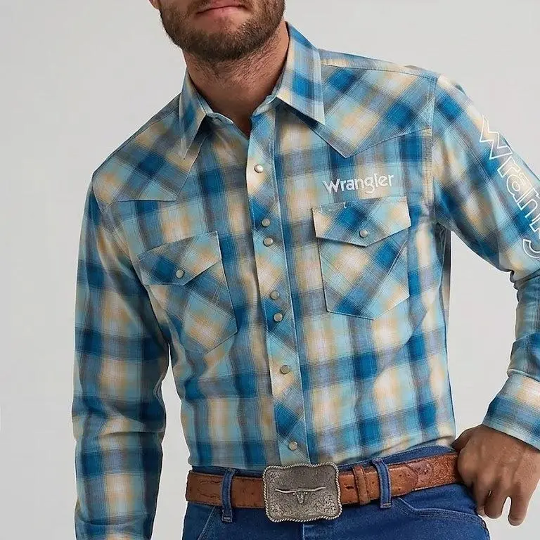 MEN WRANGLER BLUE/ORANGE STRIPED BUTTON UP SHIRT- 112379236