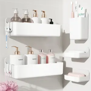 Nieifi 5-in-1 White Adhesive Shower Organizer Pack - Eco-Friendly, No-Drilling Renter-Friendly Rust-Free ABS Set with Soap Dish, Toothbrush Holder, Vanity Container, Drainage Holes for Bathroom Essentials Tray, Bathroom Organizer Accessories