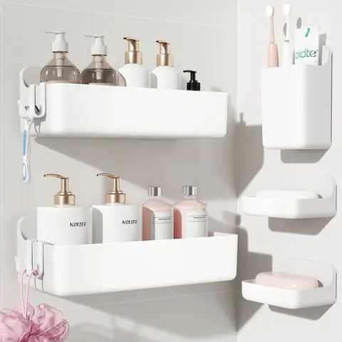 Nieifi 5-Pack Adhesive Shower Shelf Trays, White Modern Rustproof ABS Drain Shower Accessories, Large Capacity, Removable, Easy-Clean, No-Drill Bathroom Organizer for Storage & Home Decor