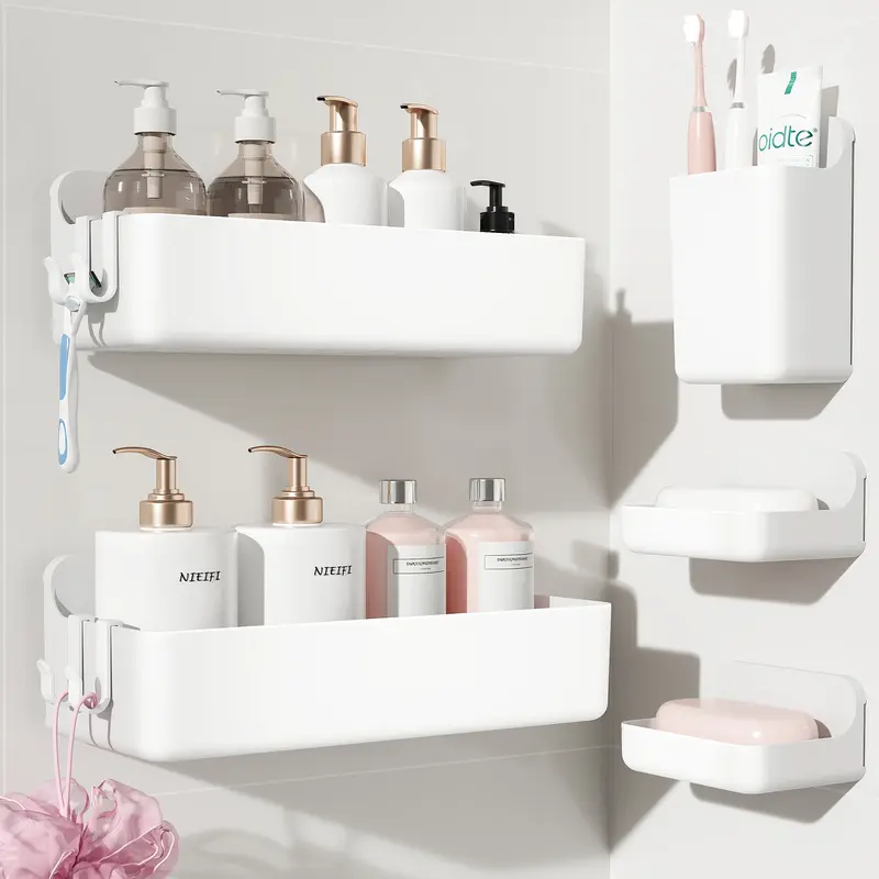 Nieifi 5-Pack Adhesive Shower Shelf Trays, White Modern Rustproof ABS Drain Shower Accessories, Large Capacity, Removable, Easy-Clean, No-Drill Bathroom Organizer for Storage & Home Decor