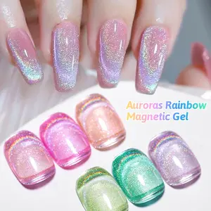 Meet Across 6 Colors Auroras Rainbow Magnetic Gel Nail Polish, Shiny Effect Semi Permanent UV LED Gel Diy Friendly for DIY Nail Art and Manicure Nail Care