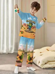 Minecraft Chicken Knight! Blue background game-style 2-piece boys' digital printed long-sleeve pajamas with long pants, made of flame-retardant fabric. A fashionable, trendy, casual, comfortable and soft pajama set, suitable for sleeping and home leisure.
