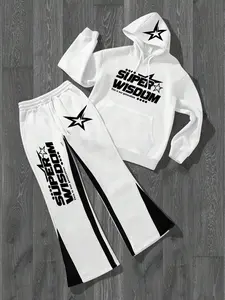 Unisex Streetwear Hoodie & Jogger Set, Super Wisdom Letter and star Print, Loose Fit, Fall Winter, Hip Hop Rap Y2K Style, Trendy Gift